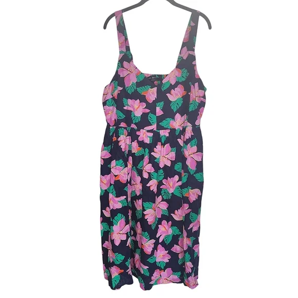 LANE BRYANT Smocked-Back floral Linen blend Midi Dress, size 14